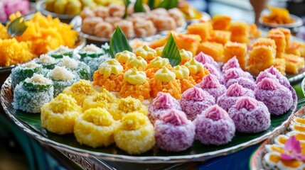 Poster - Close-up of a colorful array of Thai desserts, such as khanom krok and bua loy, arranged beautifully on a plate with intricate details visible.