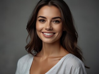 Wall Mural - Portrait of brunette woman with white smile and healthy skin, grey background 