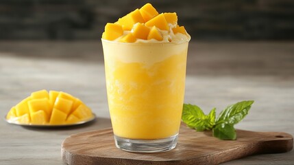 Wall Mural - Indulge in a tropical delight by blending ripe mango with creamy yogurt. This refreshing beverage offers a perfect balance of sweet and tangy flavors, leaving you feeling invigorated and rejuvenated. 