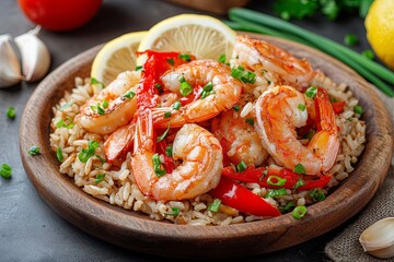 Wall Mural - Fried king prawns with brown rice and vegetables: red peppers and onions. Served on a wooden plate with chopped garlic, green onions and two slices of lemon. 