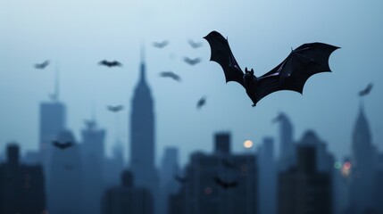 Canvas Print - Bat flying over a cityscape at dusk.