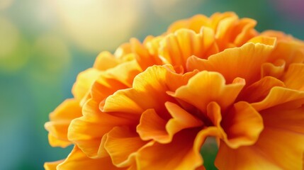 Poster - Close-up of a vibrant marigold, showcasing the intricate layers of its orange petals with a softly blurred background.