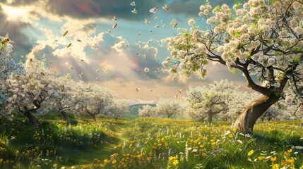 Canvas Print - Bees swarm around blooming trees in a sunlit meadow.