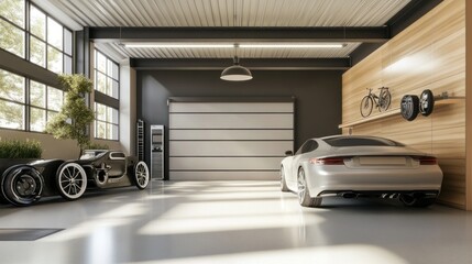 Wall Mural - Modern garage interior with a white car, a black race car, and a bike on the wall.