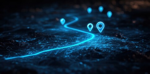 Digital Map with Glowing Blue Line and Location Pins