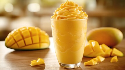 Wall Mural - Indulge in the tropical delight of a refreshing mango shake. Savor the smooth blend of juicy, sun-kissed mangoes transformed into a creamy, delectable treat. 