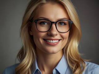 Wall Mural - Smiling blonde businesswoman with glasses, close-up indoors