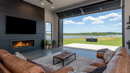 Poster - Modern living room with a fireplace and a view of a lake through open garage doors.