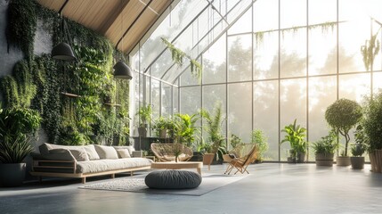 Poster - Modern living room with a large window and a view of a green landscape.