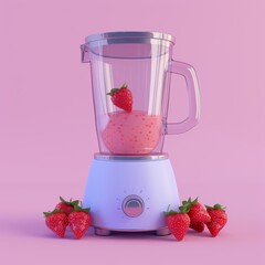 Poster - Blue blender with strawberries and pink smoothie.