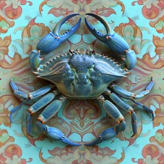 Wall Mural - Blue crab with intricate patterned background.