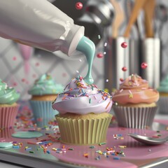 Blue icing being poured onto a cupcake with sprinkles.