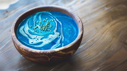 Blue liquid in a wooden bowl with white swirls and green sprinkles.