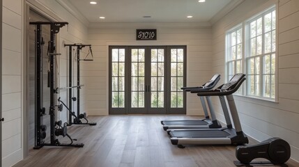 Poster - Modern Home Gym with Two Treadmills, Weight Machine, and Stationary Bike.