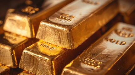 close up stack of gold bars, shiny wealth prosperity business investment mood