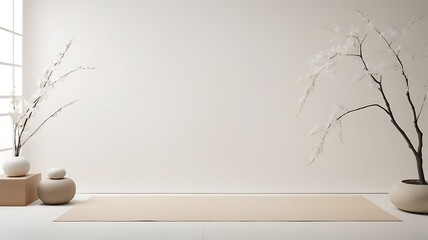 Aufkleber - interior design of a bedroom in white japanese style background, traditional furniture bed, vase and