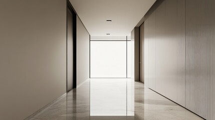 Canvas Print - Modern hallway with white marble floor, large window, and recessed lighting.