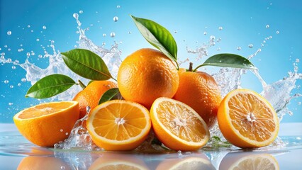 Aufkleber - Fresh oranges with leaves splashing, citrus, fruit, fresh, organic, vibrant, juicy, zest, vitamin C, healthy, tropical