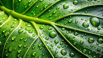 Tropical leaf with rain water drops, abstract nature background, foliage, tropical, leaf, dark green