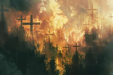 Fototapete - An artistic representation of a city filled with multiple crosses, reflecting themes of spirituality and urban life., Crosses and inverted crosses blending in a surreal mix, Ai generated