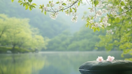 Canvas Print - Serene contemplation unfolds amidst a peaceful garden adorned with blossoms and soothing breezes, creating a perfect escape from the chaos of daily life.