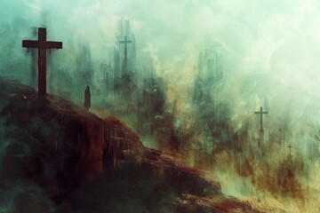 Fototapete - An artistic representation of a city filled with multiple crosses, reflecting themes of spirituality and urban life., Crosses and inverted crosses blending in a surreal mix, Ai generated