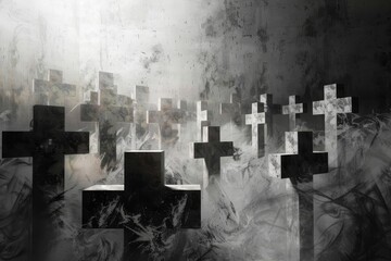 Fototapete - city painting featuring an array of crosses, illustrating the intersection of culture and religious symbolism., Crosses and inverted crosses blending in a surreal mix, Ai generated