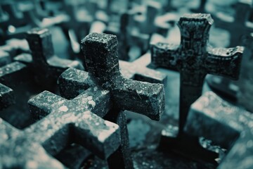 Fototapete - city painting featuring an array of crosses, illustrating the intersection of culture and religious symbolism., Crosses and inverted crosses blending in a surreal mix, Ai generated