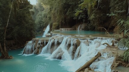 Sticker - Cascading waterfall in a lush green jungle.