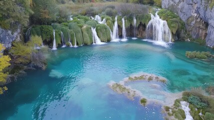 Sticker - Cascading waterfalls and a crystal-clear lake in a lush green valley.