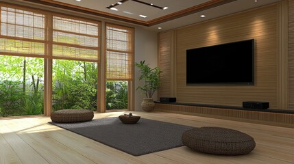 Canvas Print - Modern minimalist living room with wooden floor, blinds, and large TV.