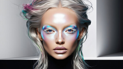 Wall Mural - Futuristic Beauty with Iridescent Makeup and Glowing Skin