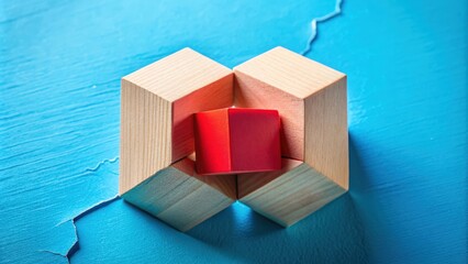 Poster - Red wooden cube breaking through obstacle on blue background, Concept of overcoming barriers, goal