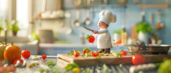 A delightful miniature chef prepares fresh ingredients in a sunny kitchen, bringing joy and creativity to cooking.