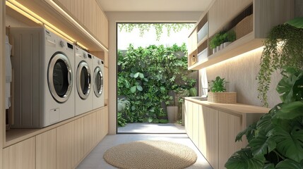 Modern laundry room with two washing machines, wood cabinets, and a window overlooking a lush green garden.