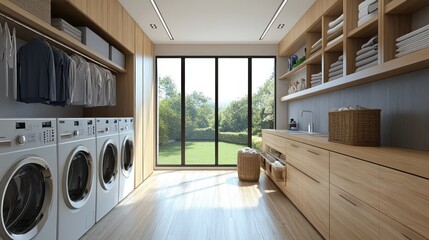 Modern laundry room with two washing machines, a sink, shelves with towels, and a view of a green lawn.