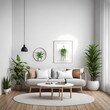 © Dwiyan - Living room interior in beige colors with six white frame. 3d rendering. Modern living room