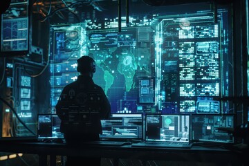 Poster - A futuristic operator analyzes data on multiple screens in a high-tech control room, surrounded by glowing holograms and maps.