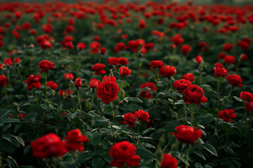 Sticker - A field of red roses with a few lone red roses in the middle