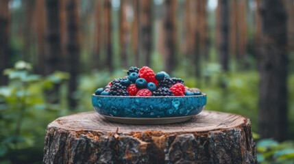 Wall Mural - A pile of wild berries on a plate on a stump in the forest, showing a colorful selection of fresh strawberries, raspberries and blueberries.