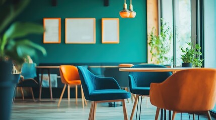 Wall Mural - Interior design of a cafe with blue and orange chairs, wooden table, and green plants.