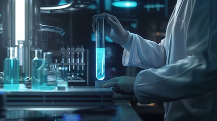 A scientist conducts an experiment in a modern lab, holding a test tube filled with blue liquid, showcasing scientific research.