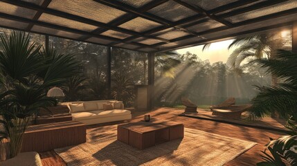 Poster - A modern, open-air living space with wooden furniture and a view of a lush tropical forest with sunbeams peeking through the canopy.