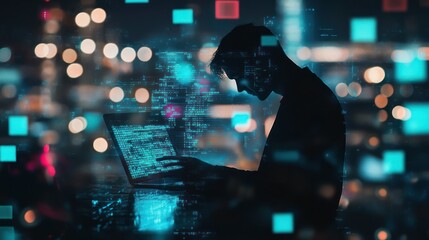 Silhouette of a Programmer Working Late at Night