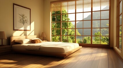 Poster - Minimalist bedroom with a large window overlooking a forest and a wooden bed with white bedding.