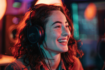 Poster - A woman wearing headphones and smiling