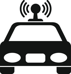 Poster - simple icon of a car with radio waves coming from an antenna on the roof, representing a self drivin