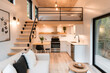 © Sunday Cat Studio - Cozy modern interior of a small house featuring a loft, minimalist decor, and warm lighting, perfect for relaxation and comfort.