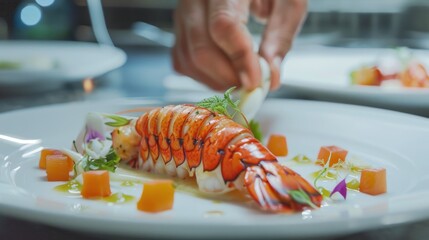 Sticker - Close-up of a chef plating a gourmet lobster dish with orange cubes and fresh herbs.