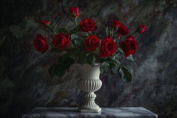 Canvas Print - A vase of red roses sits on a marble table